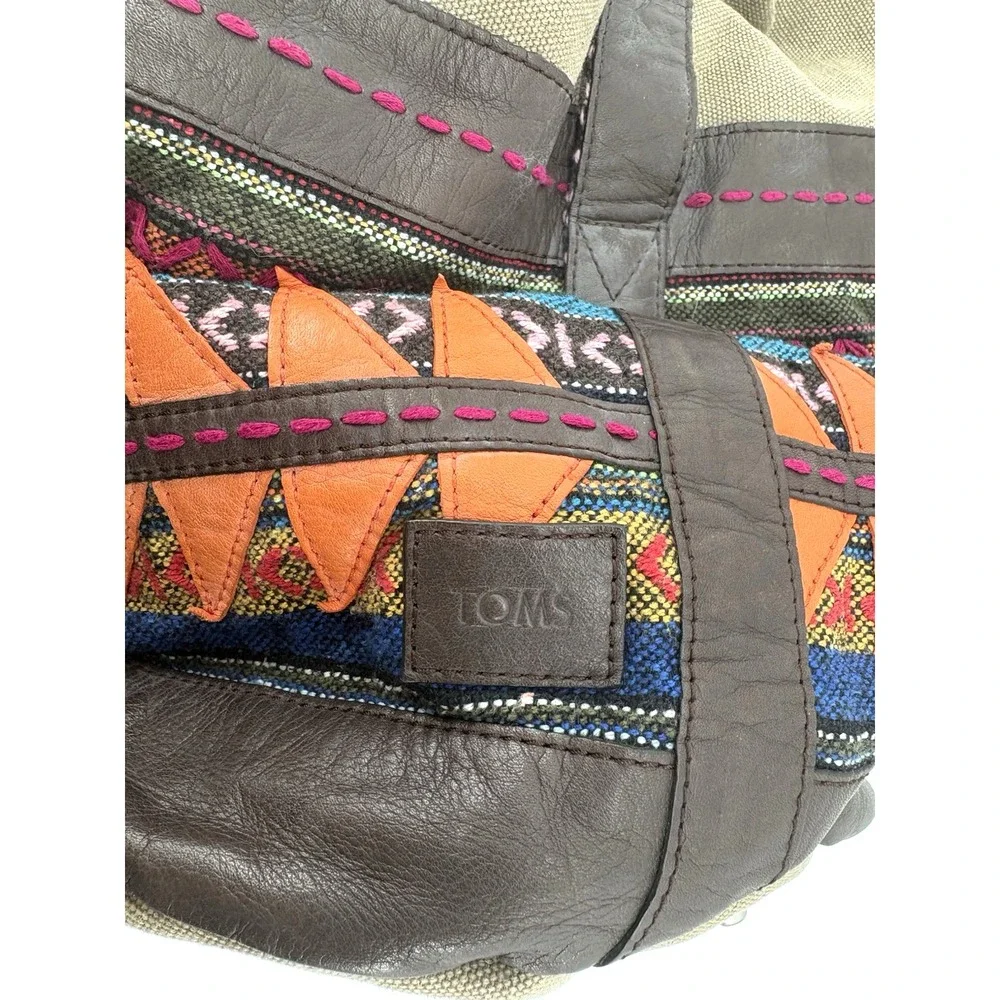 TOMS Canvas Drawstring Pouch Sak Bag Geometric Embroidered Boho Faux Leather